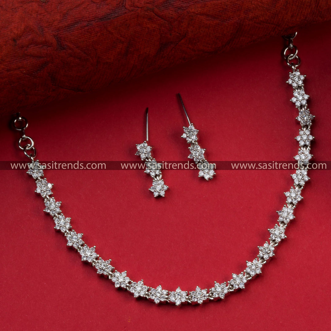 Trendy Floral Party Wear Rhodium Silver Plated Necklace Set with American Diamonds