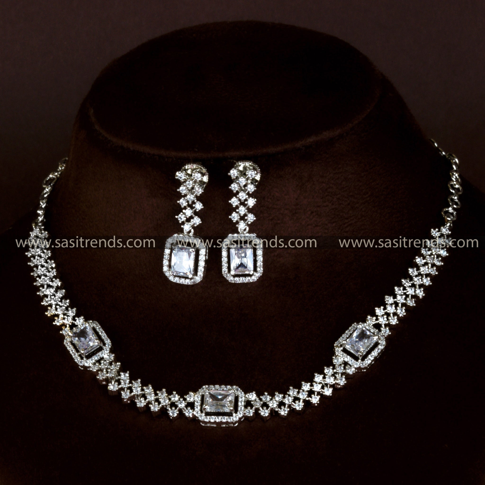 Elegant White Rhodium Necklace - Party Wear Jewelry Set with American Diamond Accents - Women's Fashion Online