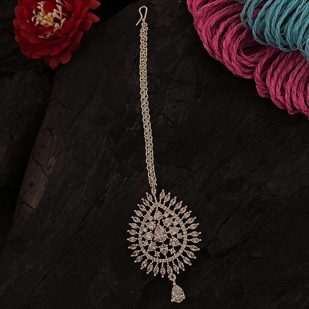 Rose Gold Plated AD Maang Tikka - Festive Flower Motif Jewelry