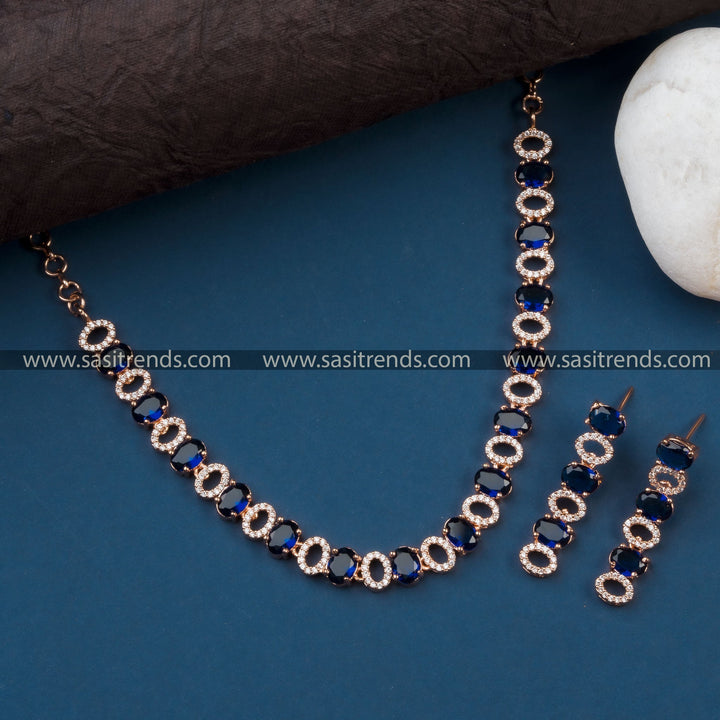 Gorgeous Oval Pattern Rose Gold Plated Party Wear American Diamond Jewellery Set  - Sasitrends