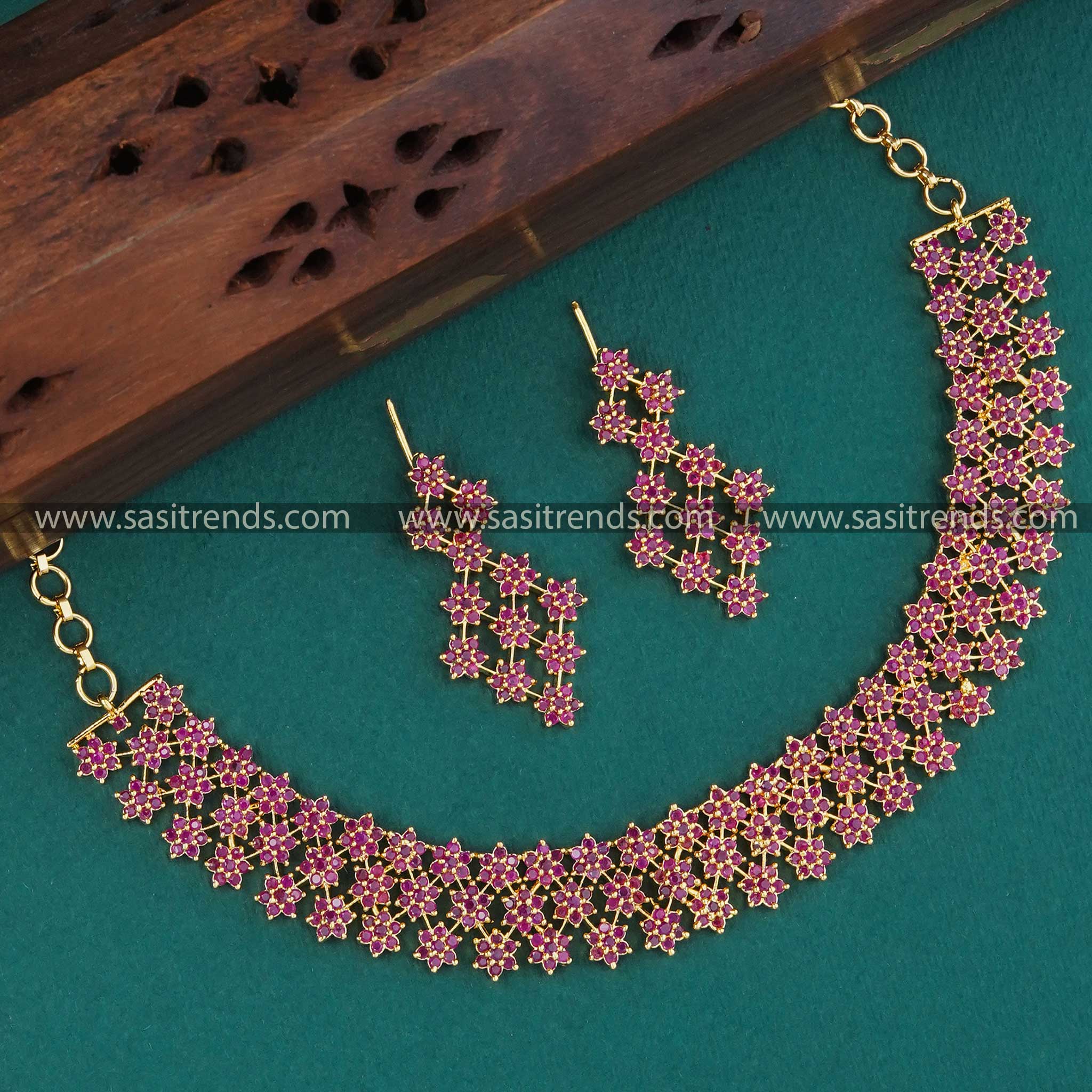 Latest One Gram Micro Gold Necklace Set with American Diamond Stars