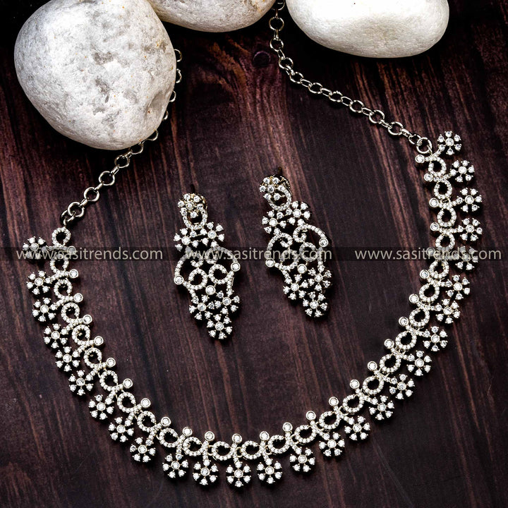 Stunning Rhodium Silver Plated Party Wear Jewellery Set with American Diamonds | Sasitrends