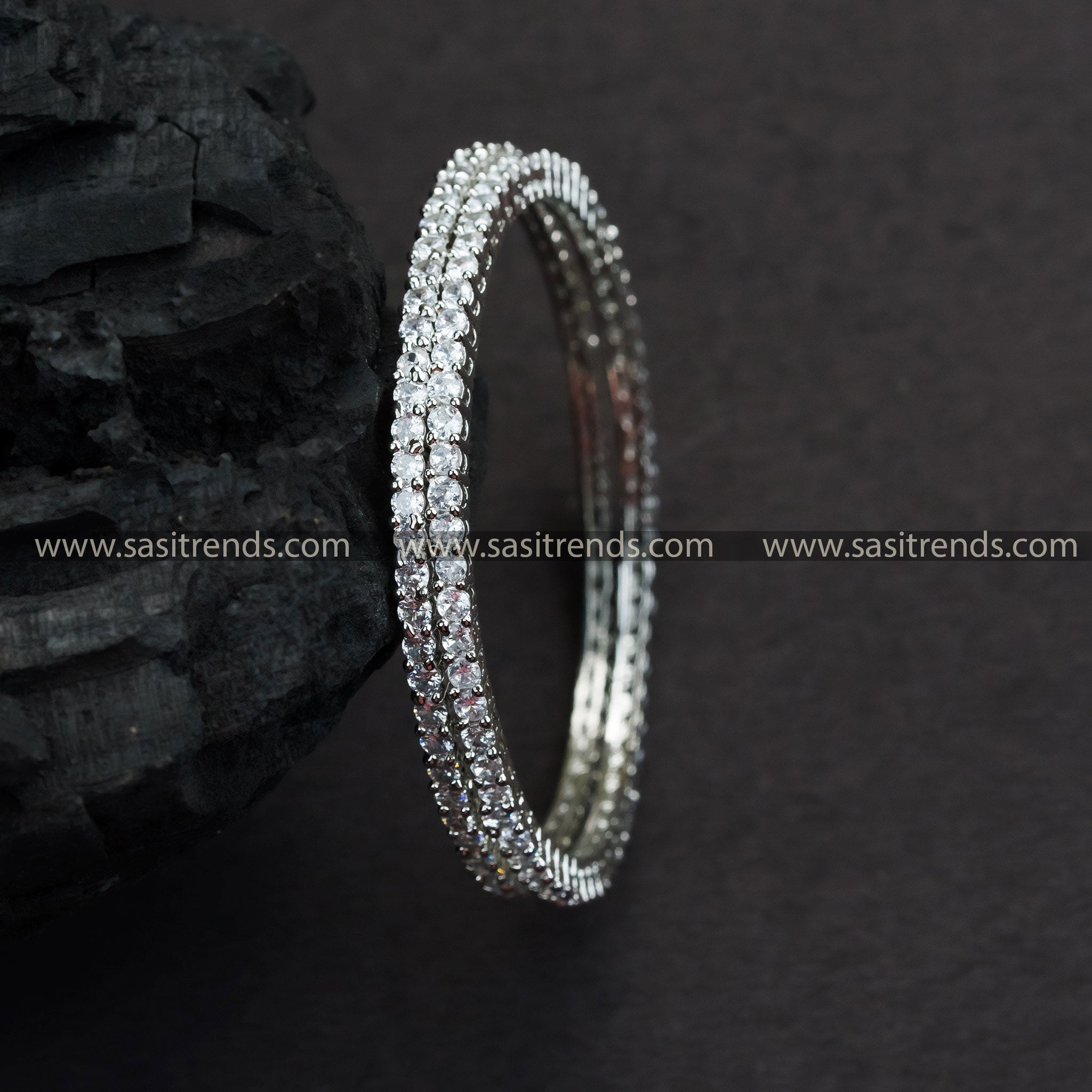 Trendy Rhodium Silver Plated Bangles with White American Diamond Stones - Perfect for Parties & Festivals