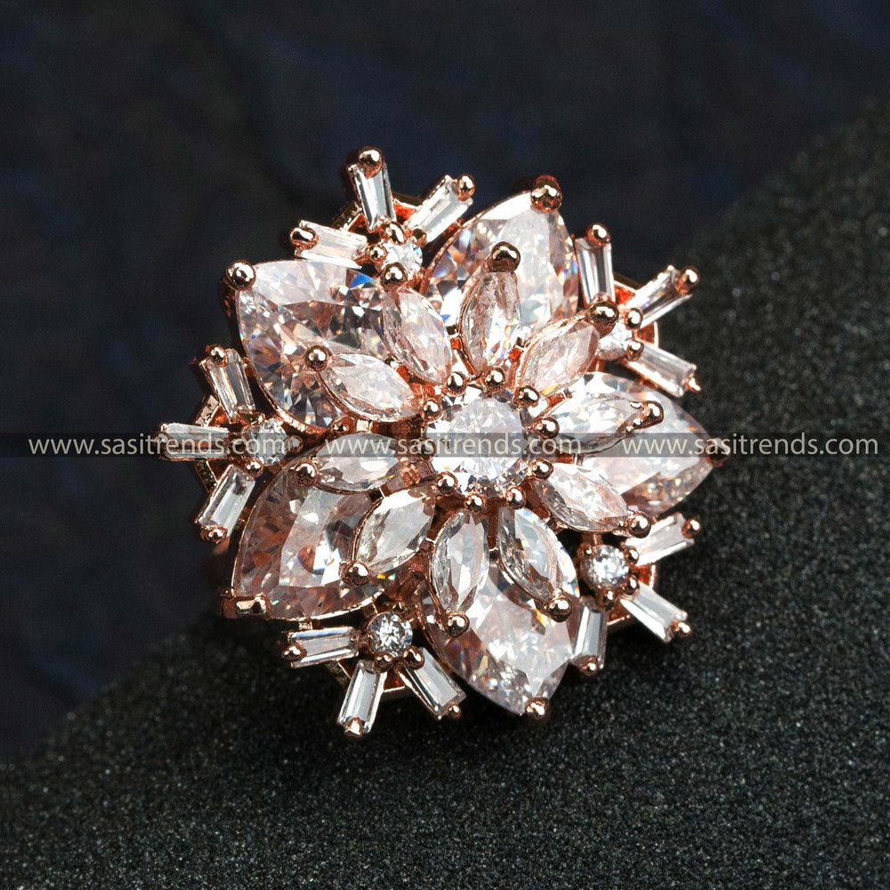 Rose Gold Plated Floral Ring with American Diamond Stones in Classic White - Perfect for Trendy Party Wear - Online Shopping