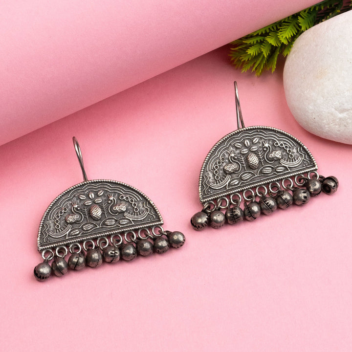 Peacock Oxidised Silver Look Hook Stud Earrings for Party Wear | Sasitrends