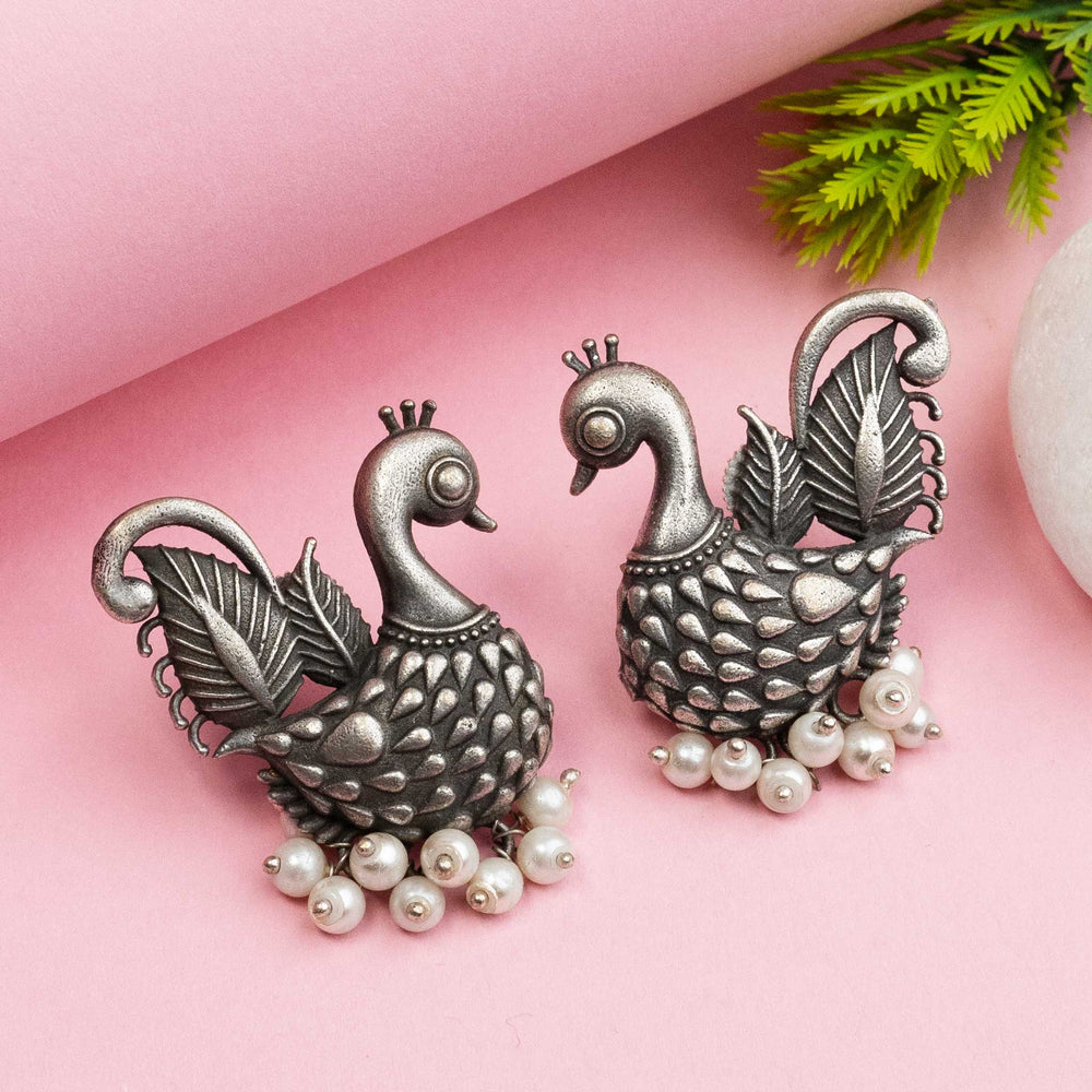 Trendy Oxidised Silver Look Like Peacock Earrings with Pearls