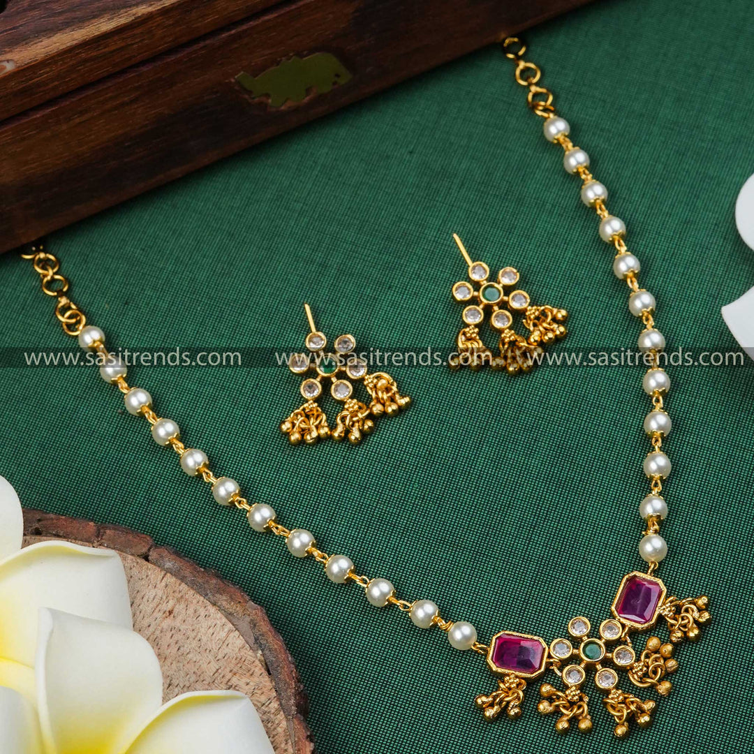 Pearl Necklace Set with AD Stones - Matte Gold Plated