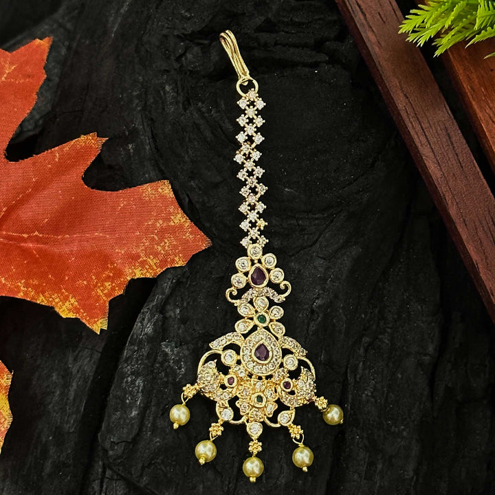 Latest Micro Gold Plated Peacock Floral Maang Tikka with AD Stones and Pearl Drops | Sasitrends