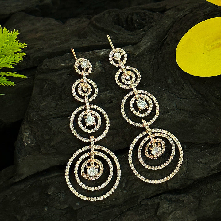 Glamorous Rose Gold Plated American Diamond Stones Dangler Earrings with Concentric Circle Pattern