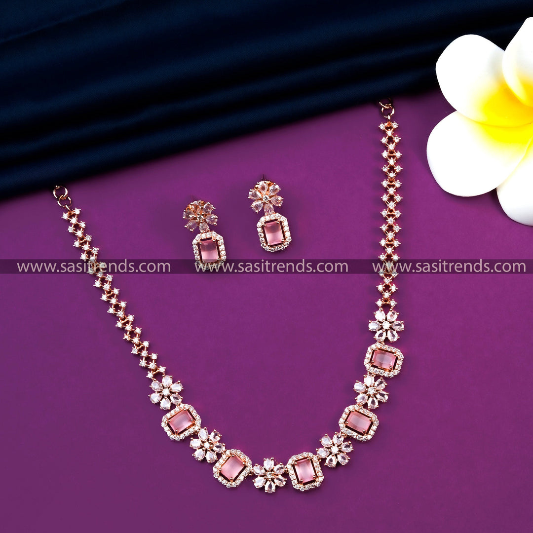 Latest Pink Stone Rose Gold Plated Necklace Set with AD Stones - Ideal for Parties and Weddings