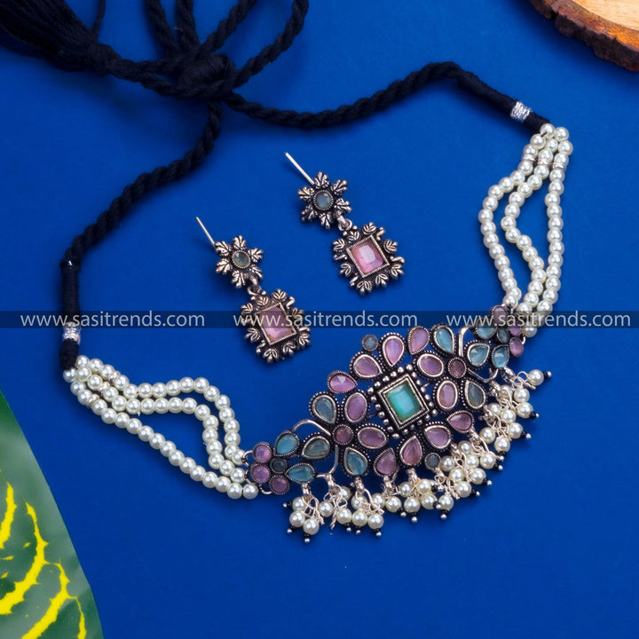 Navarathri Special Floral Charm: Kushi Oxidised Silver Choker Stones Jewellery Set | Sasitrends