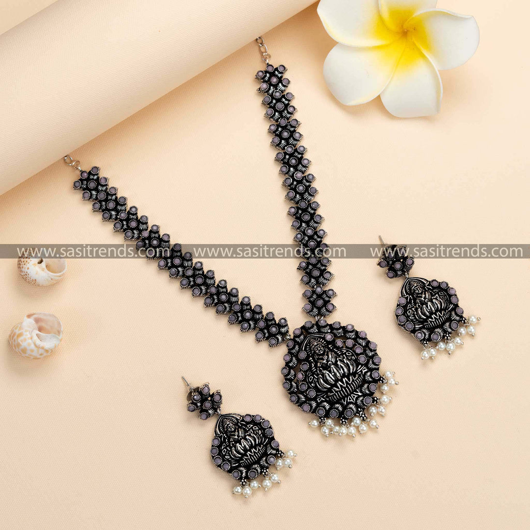 Traditional Lakshmi Necklace & Earrings Set with Pearls - Oxidised German Silver