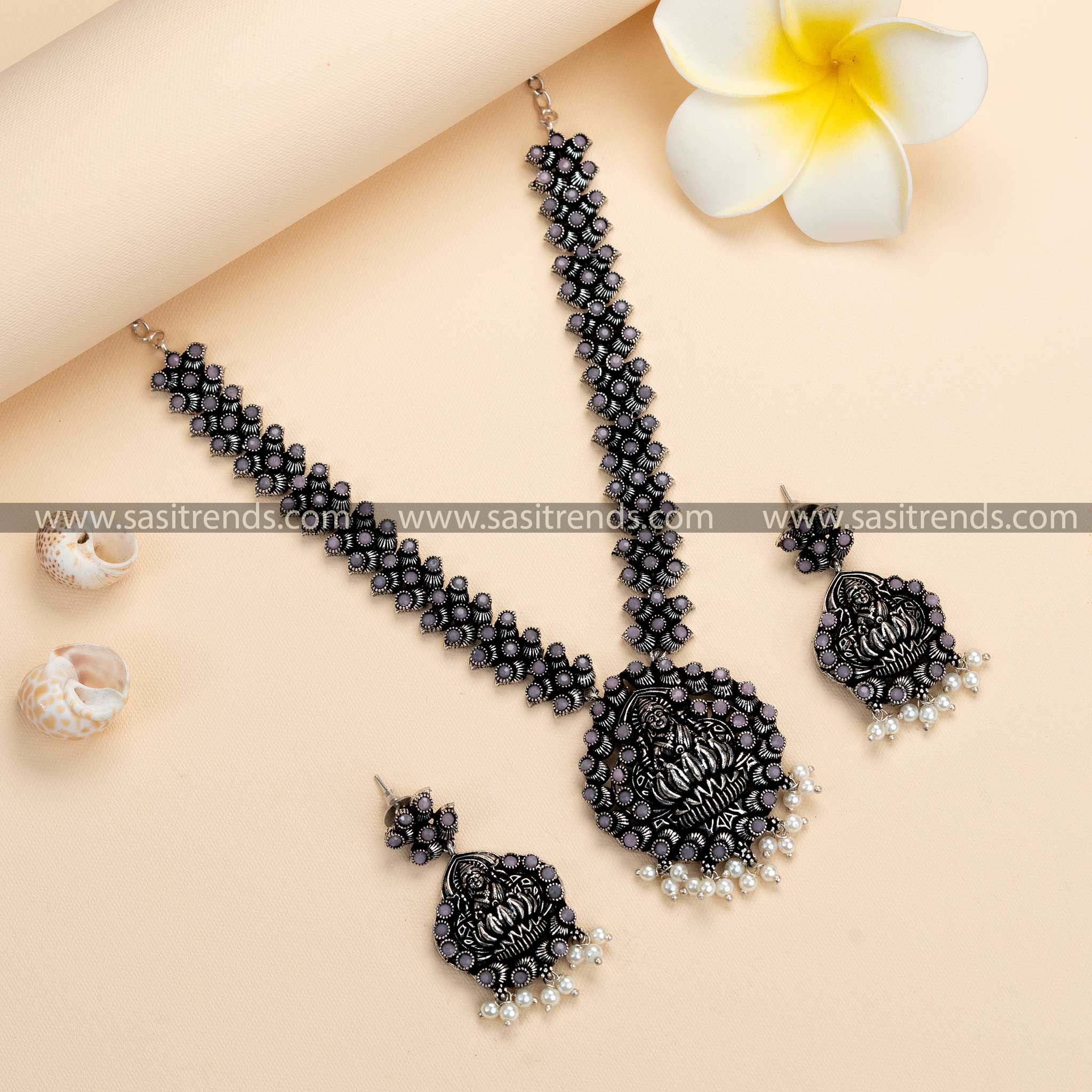 Traditional Lakshmi Necklace & Earrings Set with Pearls - Oxidised German Silver