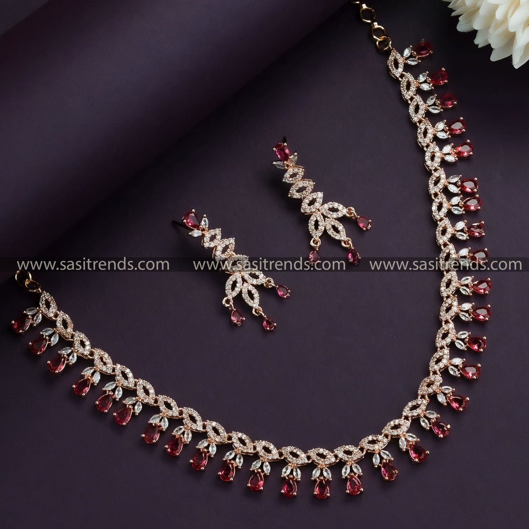 Striking Red Stone Floral Necklace Set with Earrings - Rose Gold Plated, American Diamond Stones for Women | Latest Party Wear Jewelry