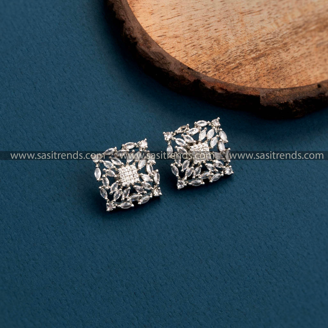 Elegant Rhodium Silver Plated Party Wear Earrings - Stunning Square Motif with American Diamond Stones for a Trendy Look