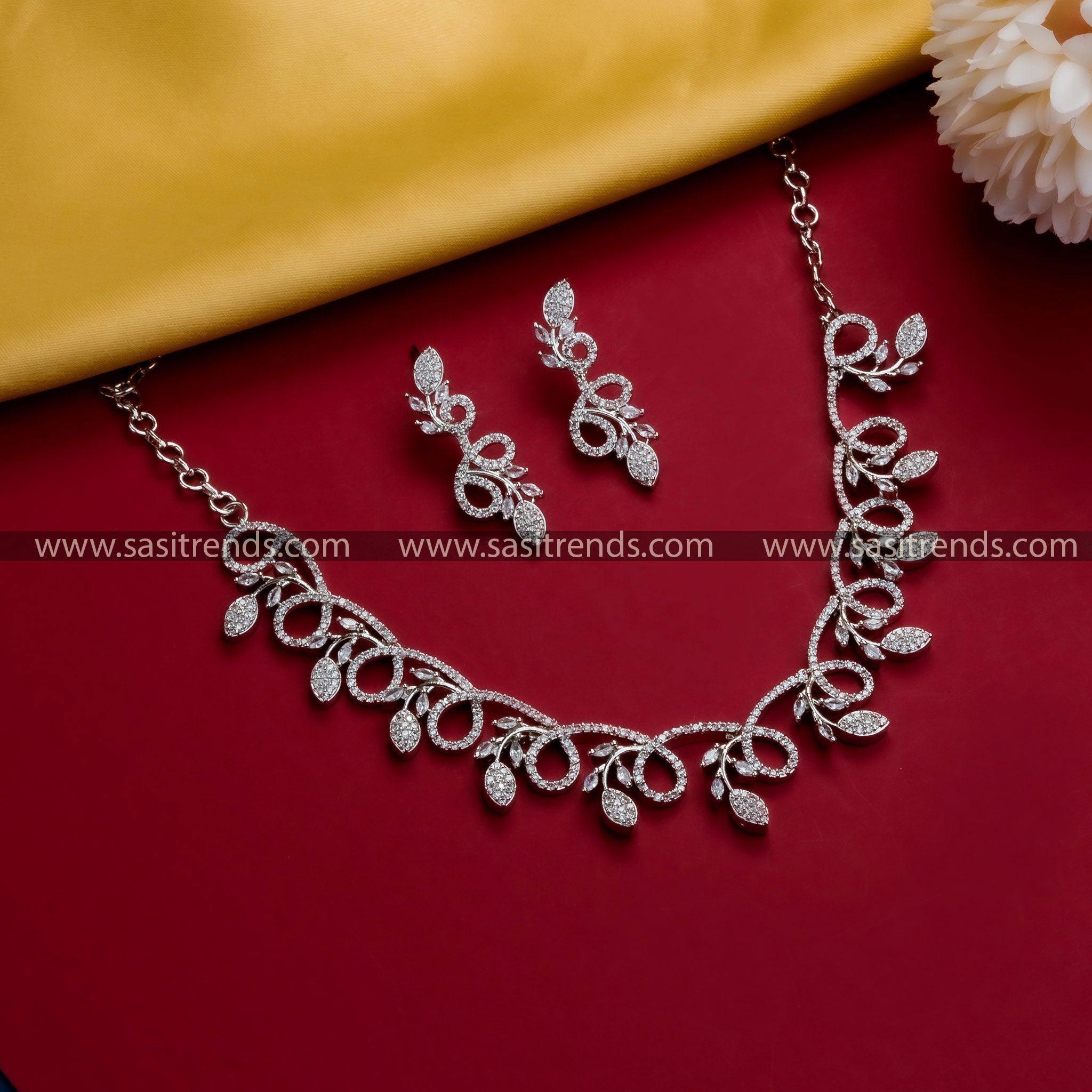 Trendy Floral & Leaf Rhodium Silver Plated AD Stones Necklace Set with Earrings - American Diamond Jewelry