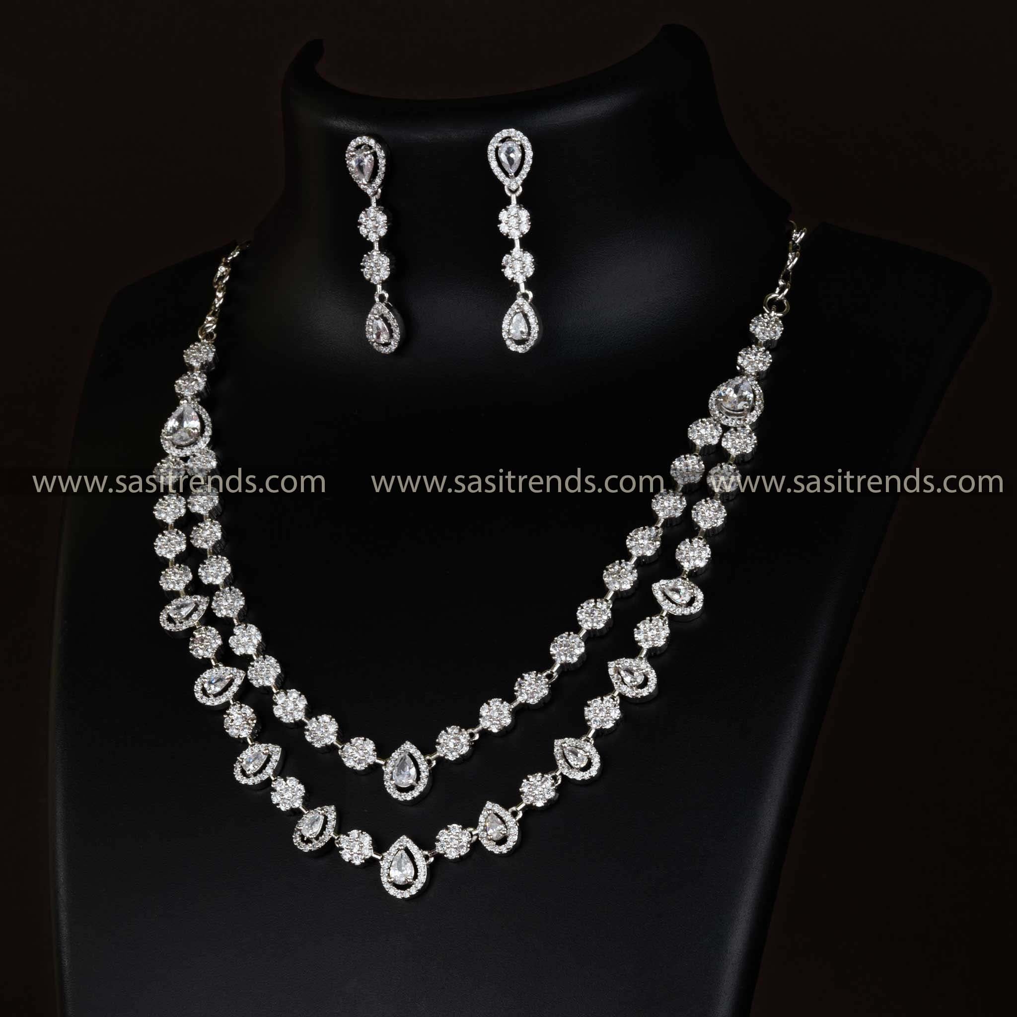 Rhodium Silver Plated Necklace Set with American Diamond Stones for Party Wear