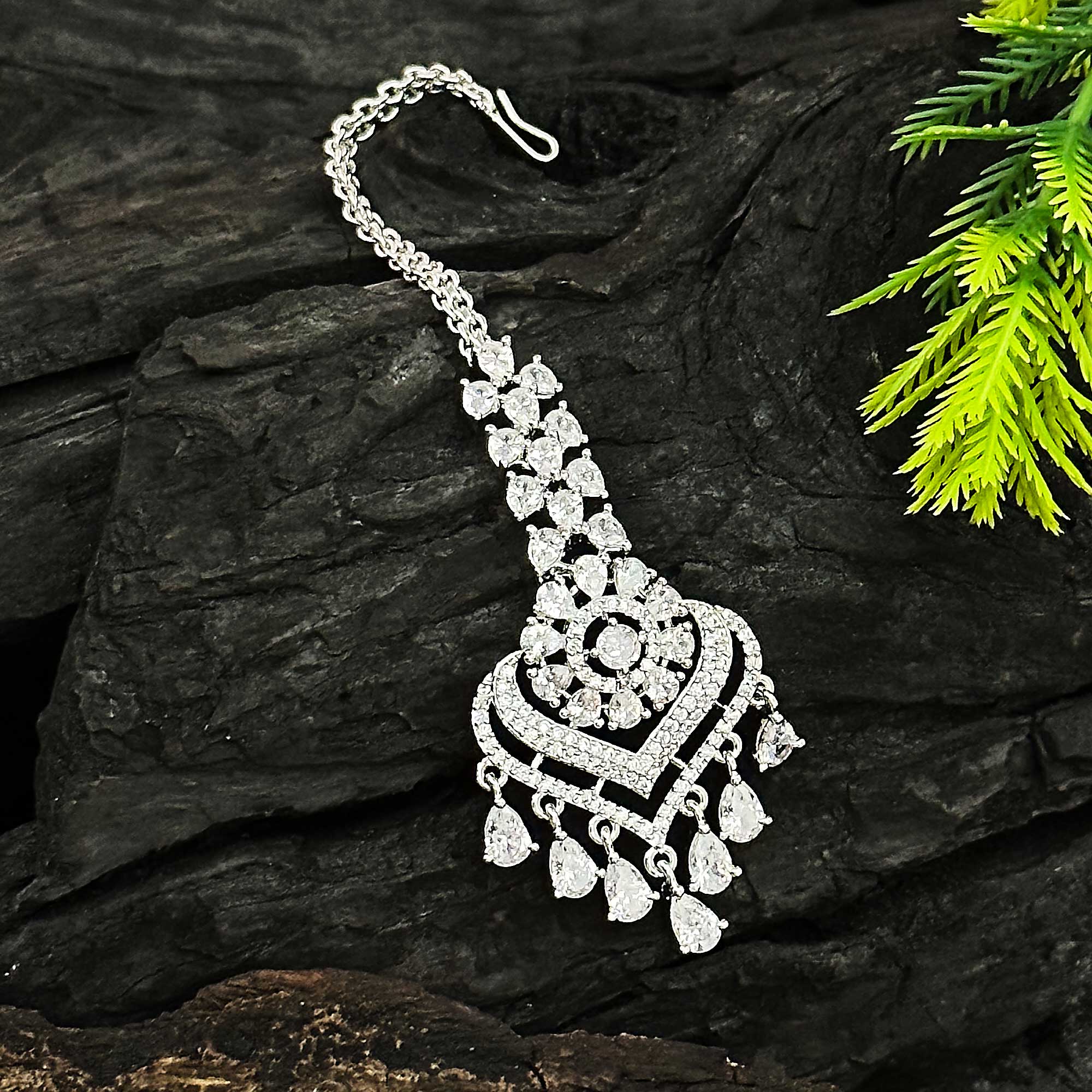 Rhodium Silver Plated Heart Flower Maang Tikka with American Diamond Stones