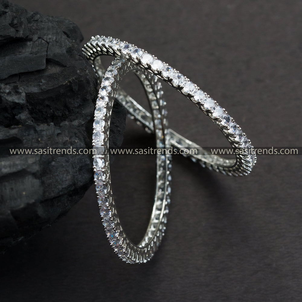 Rhodium Silver Plated Bangles with White American Diamond Stones - Elegant Party Wear Jewelry