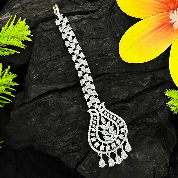 Rhodium Silver Plated Floral Maang Tikka with American Diamond Stones | Sasitrends