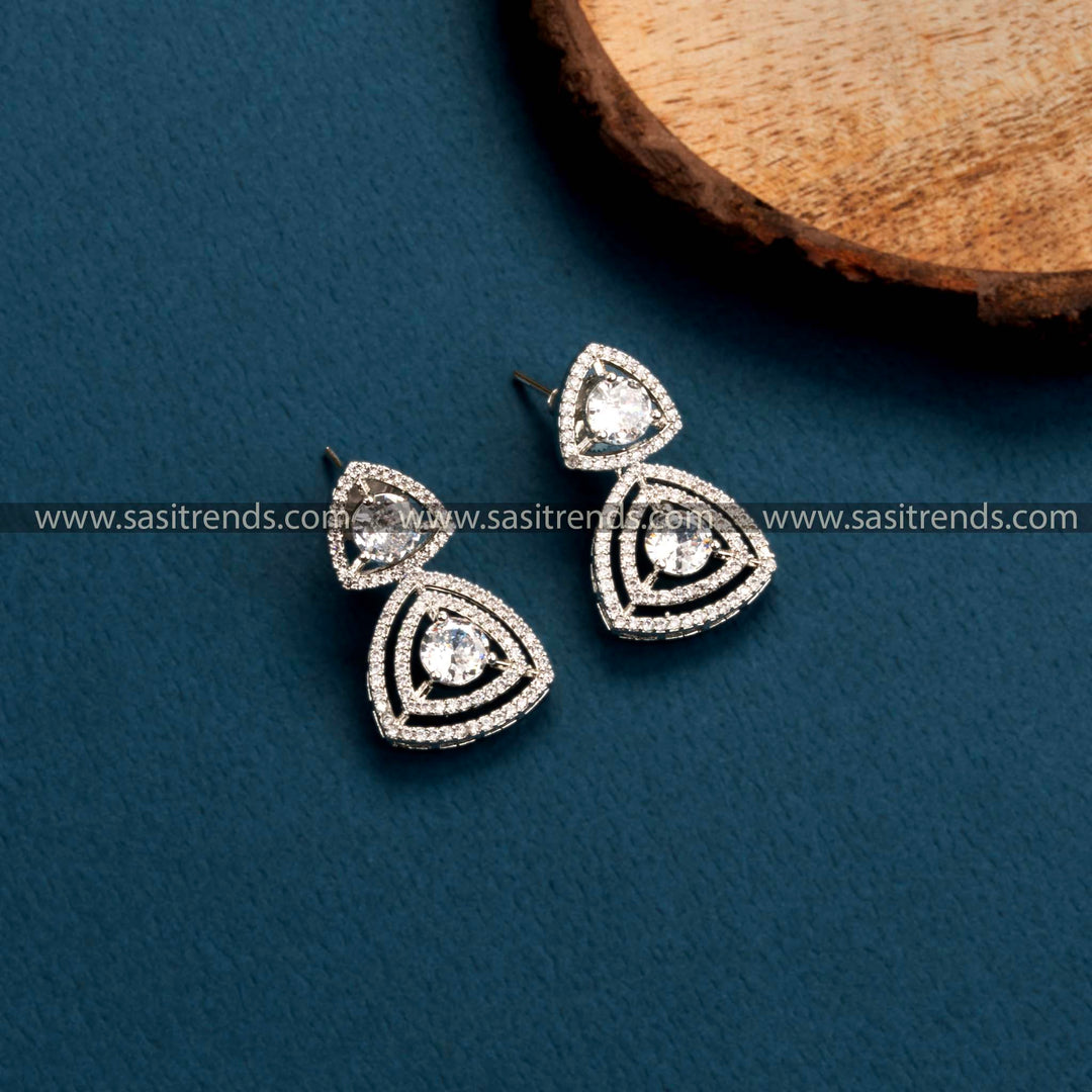 Floral Pattern Rhodium Silver Plated Earrings with Triangle Design and American Diamonds