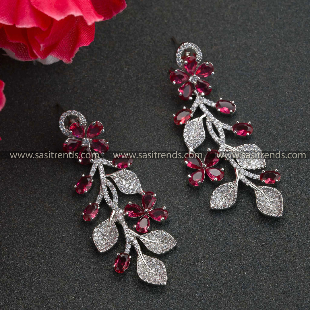 Rhodium Silver Floral Pattern Ruby AD Stone Earrings 