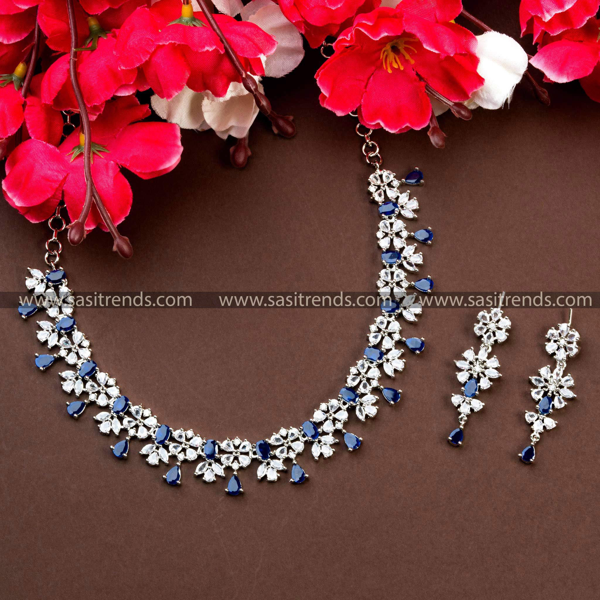 Fashionable Party Wear Jewelry Set with Blue AD Stones, Rich Look Rhodium Silver Plated Necklace and Earrings