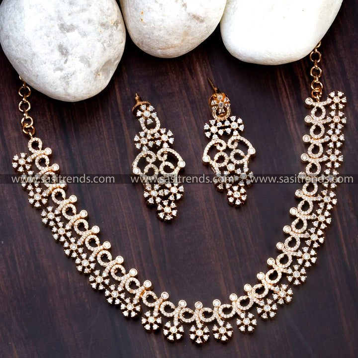 Exquisite Rose Gold Plated Party Wear Jewellery Set with American Diamonds | Sasitrends