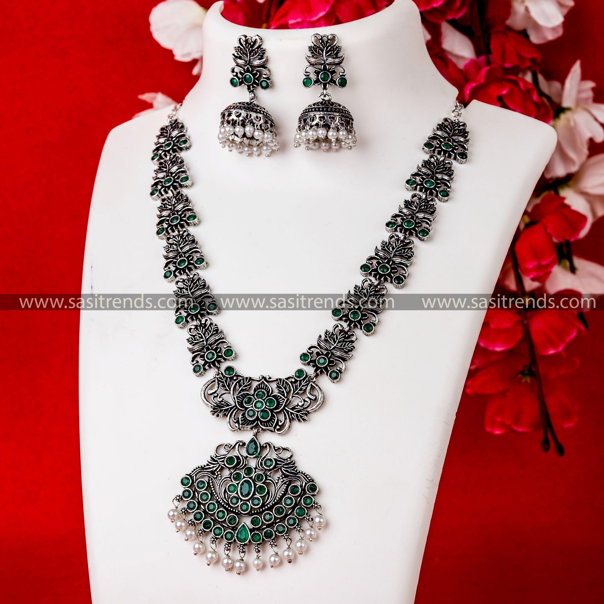 Floral Pendant Necklace Set with Green Stones - Oxidised German Silver Party Wear and Pearl Jhumkas