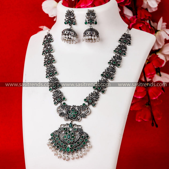 Stunning Floral Pendant For Party Wear Oxidised Stones Jewellery Set with Pearl Jhumkas | Sasitrends