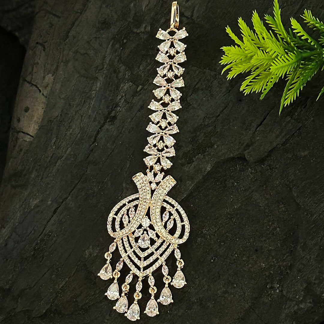 Rose Gold Plated Flower Motif AD Maang Tikka for Women