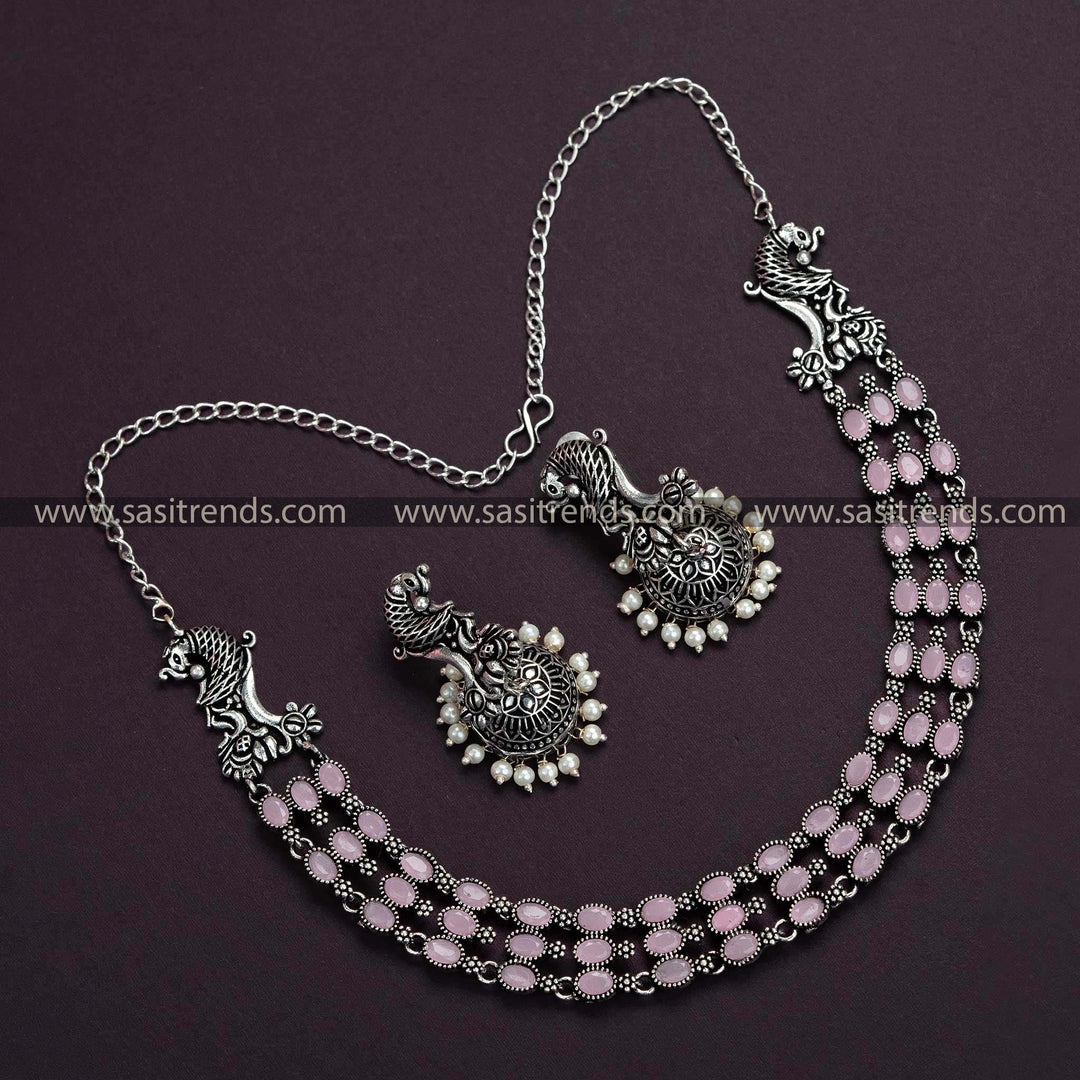 Three-Layered Oxidised German Silver Necklace with Pearl Jhumkas