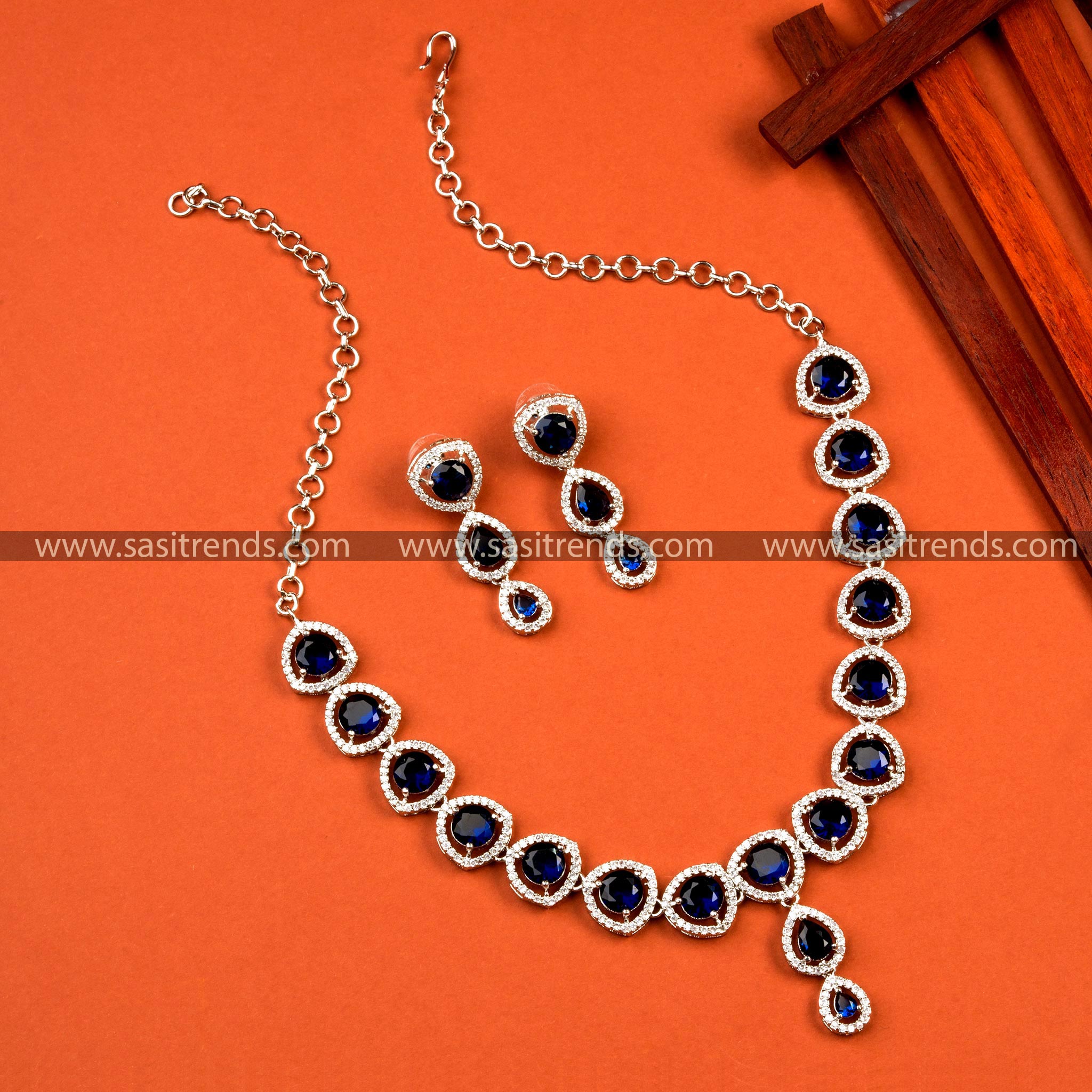 Gorgeous Blue AD Stone Necklace and Earrings Set - Rhodium Plated, Perfect for Parties and Festivals