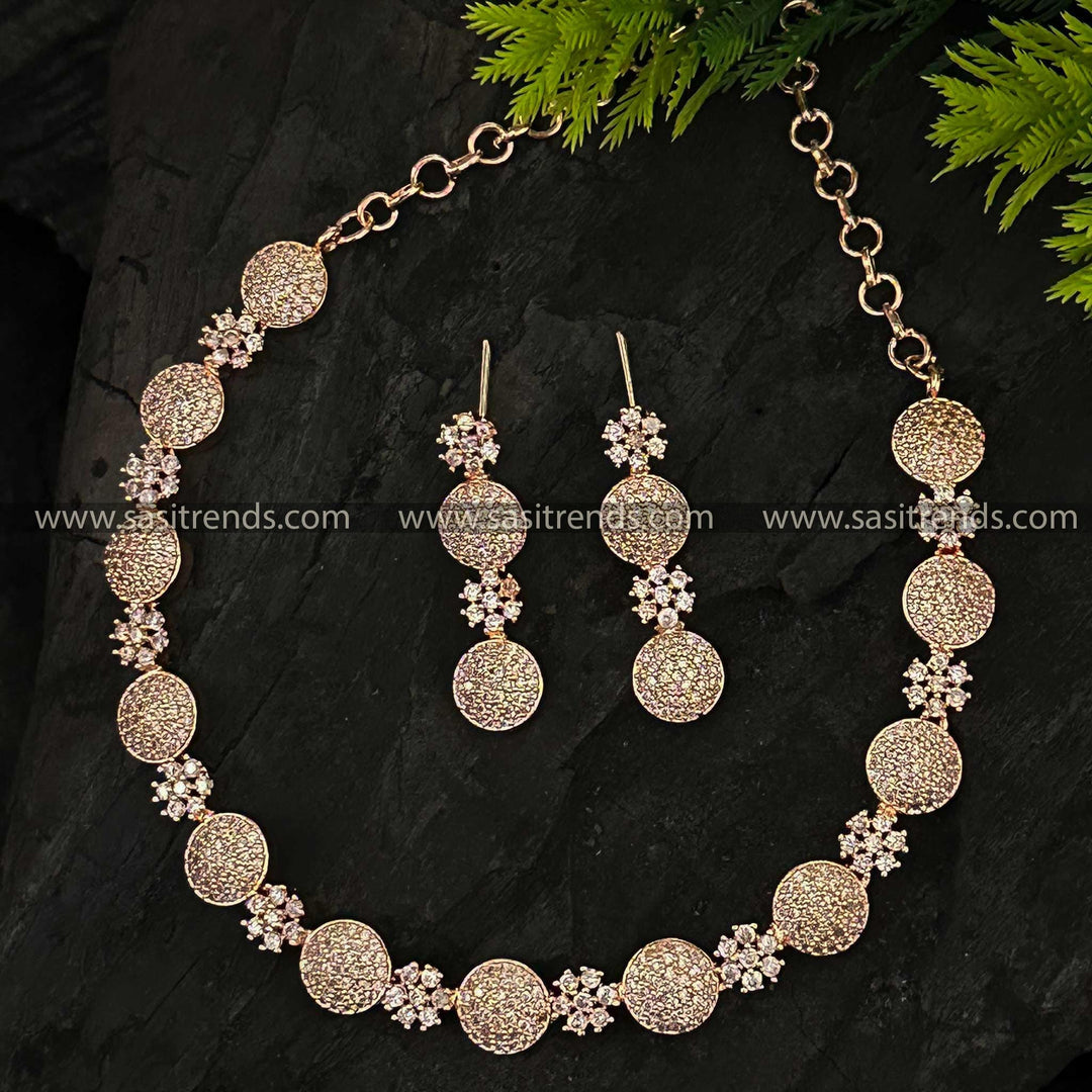 Floral Motif Rose Gold Plated Jewelry Set with American Diamond Accents