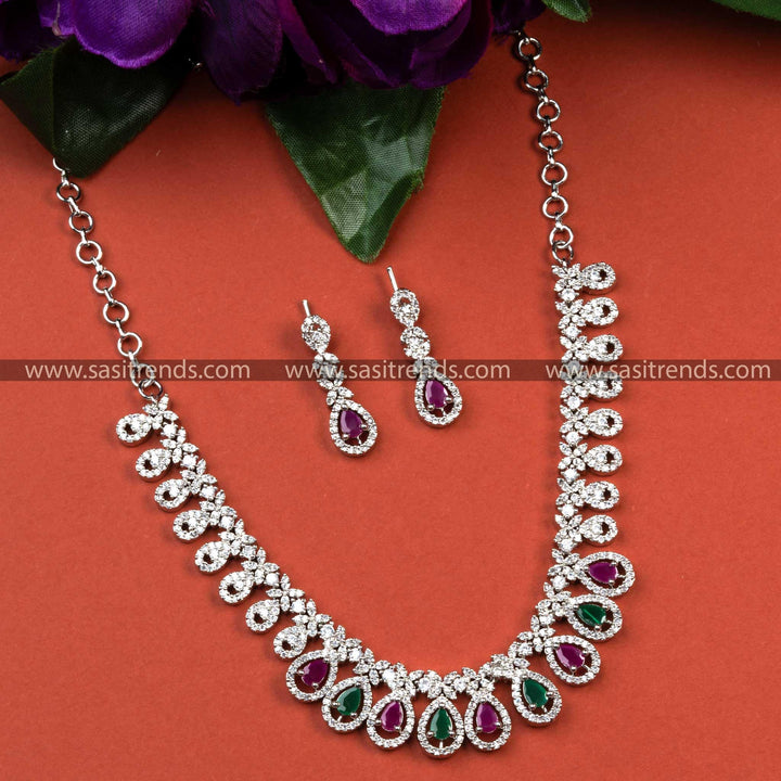 Rich Look Floral Pattern Rhodium Silver Plated Party Wear Jewellery Set with American Diamonds | Sasitrends