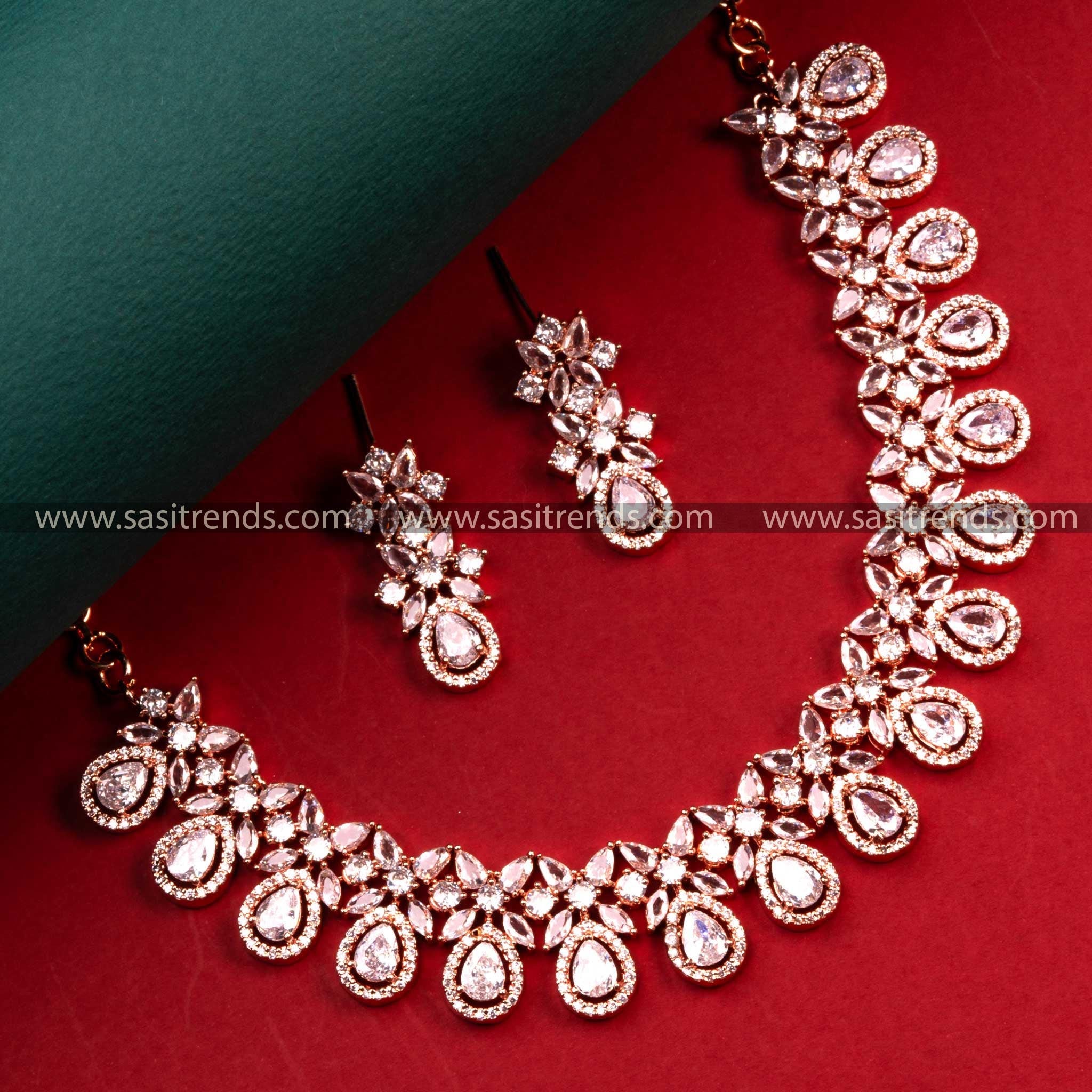 Electrifying Rose Gold Plated Ruby DIAMOND, Long NECKLACE set With Earring Bridal Wedding wear handcrafted Indian Jwellery set hot For Women