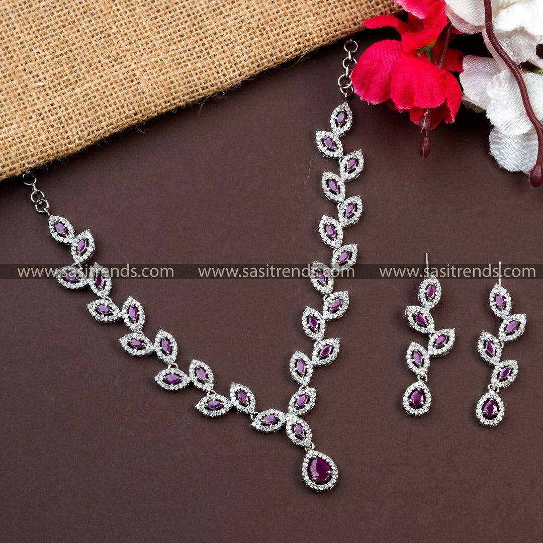 Rhodium Silver Plated Necklace with Ruby American Diamond Stones - Perfect for Engagements and Receptions