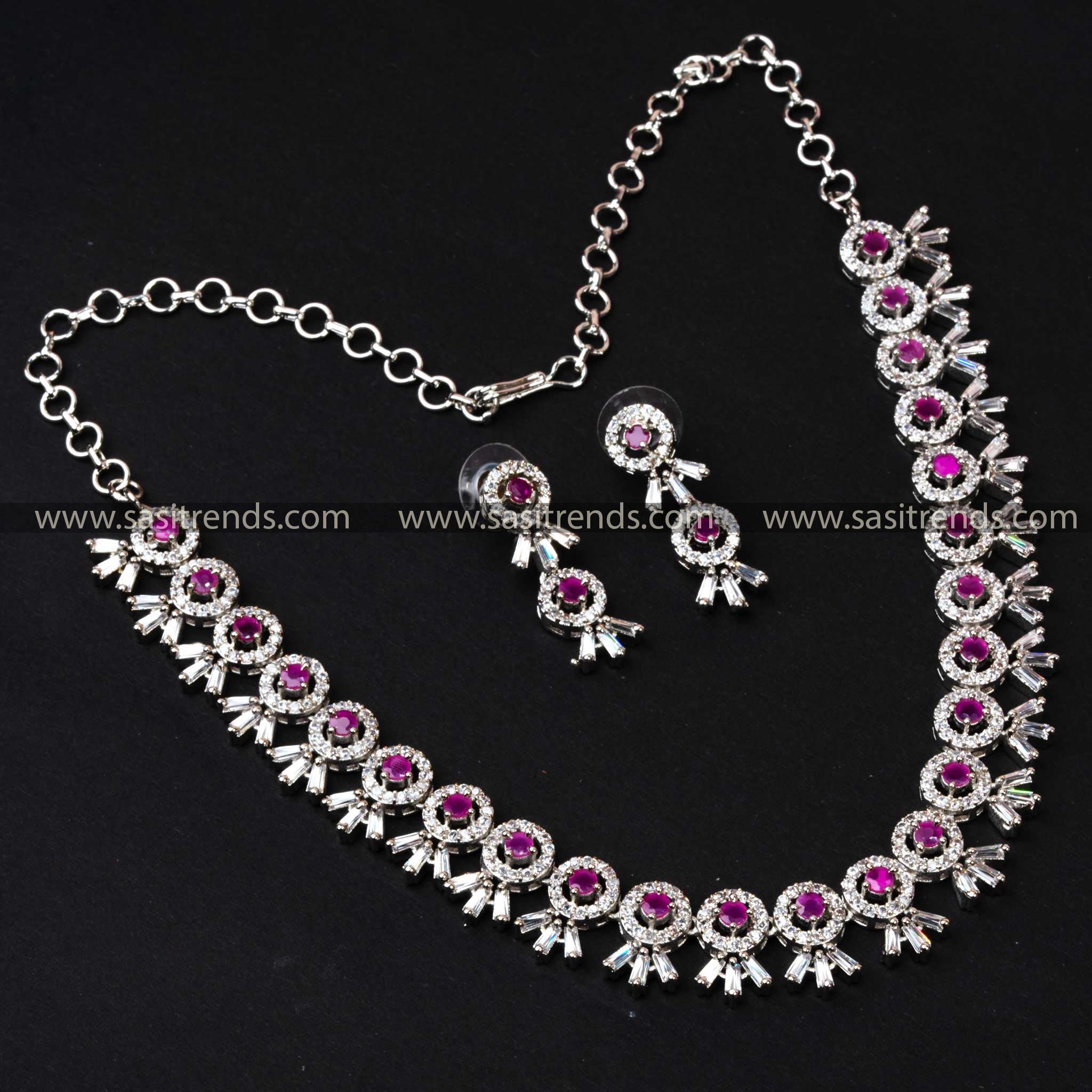 Trendy Rhodium Silver Plated Necklace Set with Ruby AD Stones - Stunning Floral Pattern Jewelry