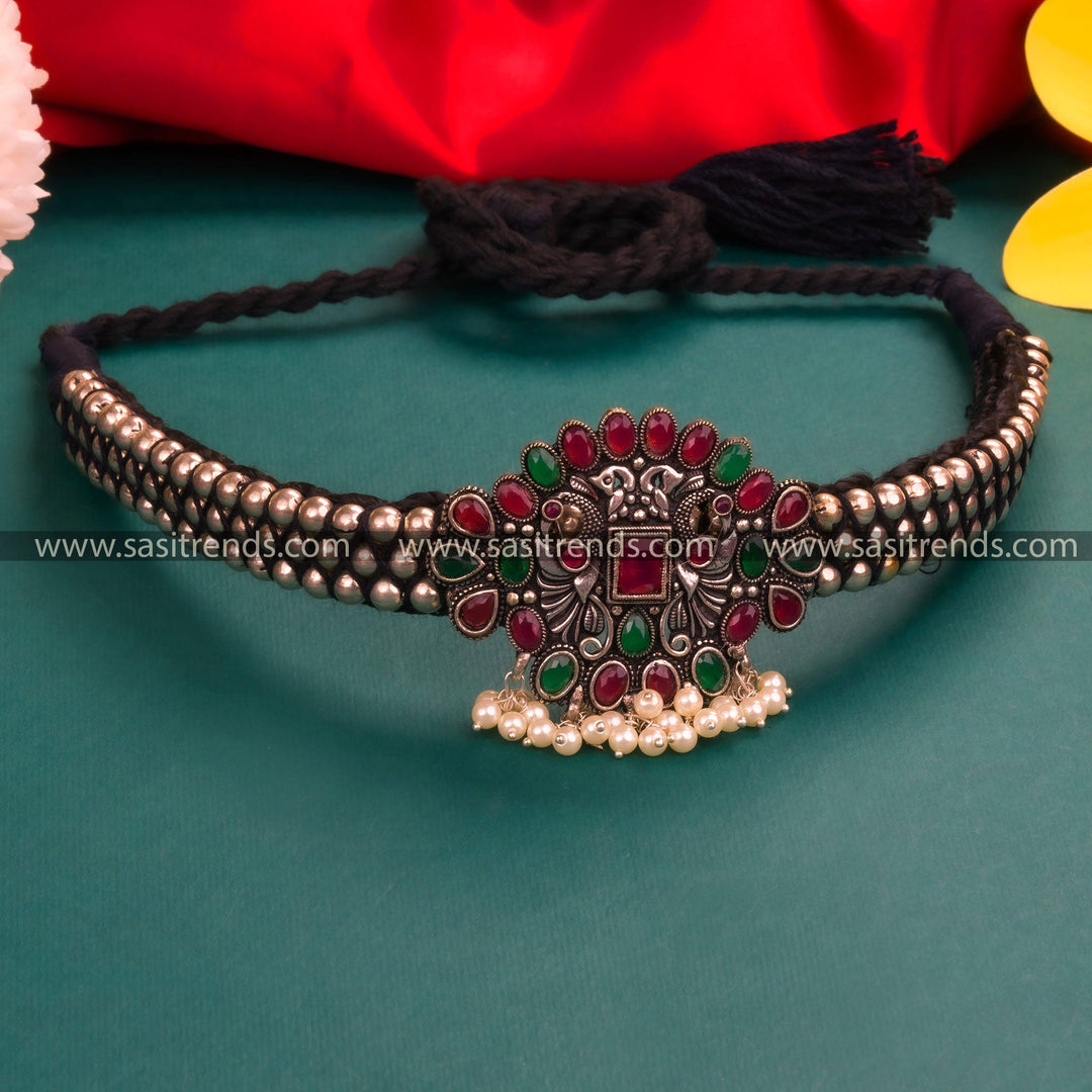 Diwali Special Kolhapuri Oxidized German Silver Floral Pendant Choker Necklace in Ruby-Green - Traditional Wear with Pearls and Stones