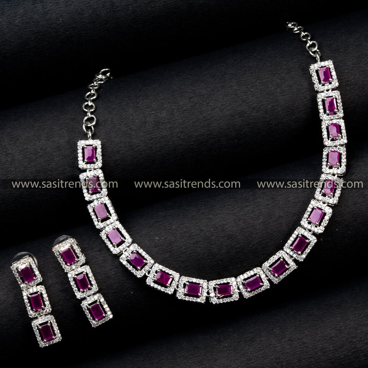 Trendy Party Wear Rhodium Silver Jewellery Set with Rectangular Patterns & American Diamonds | Sasitrends