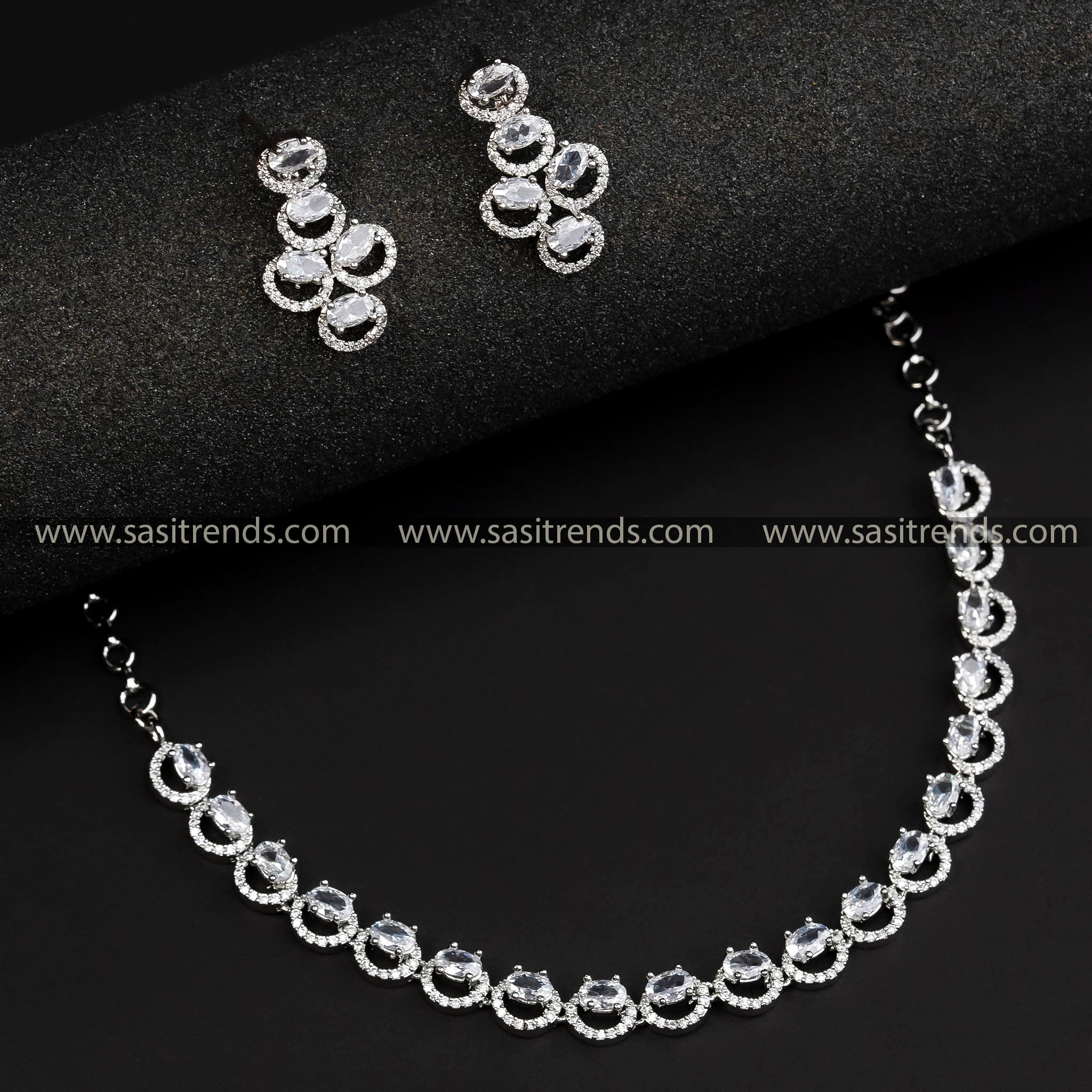 Rhodium Silver Plated AD Necklace with Sparkling White Stones - Latest Collection