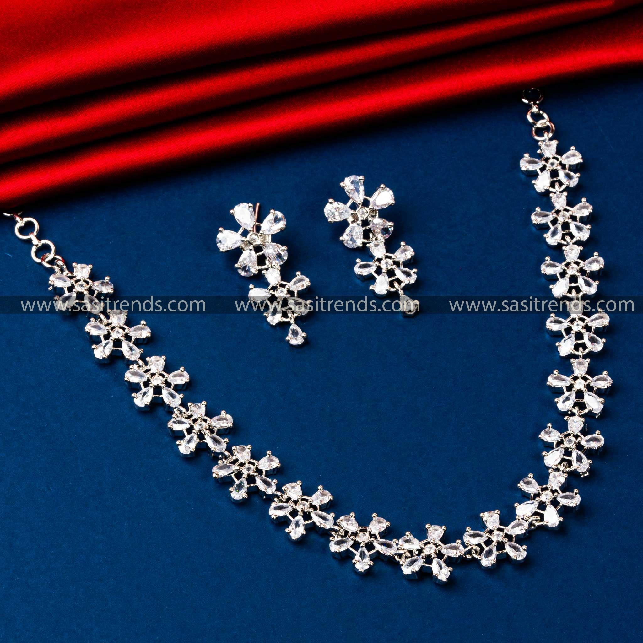 Rhodium Silver Floral Pattern Necklace Set with American Diamonds