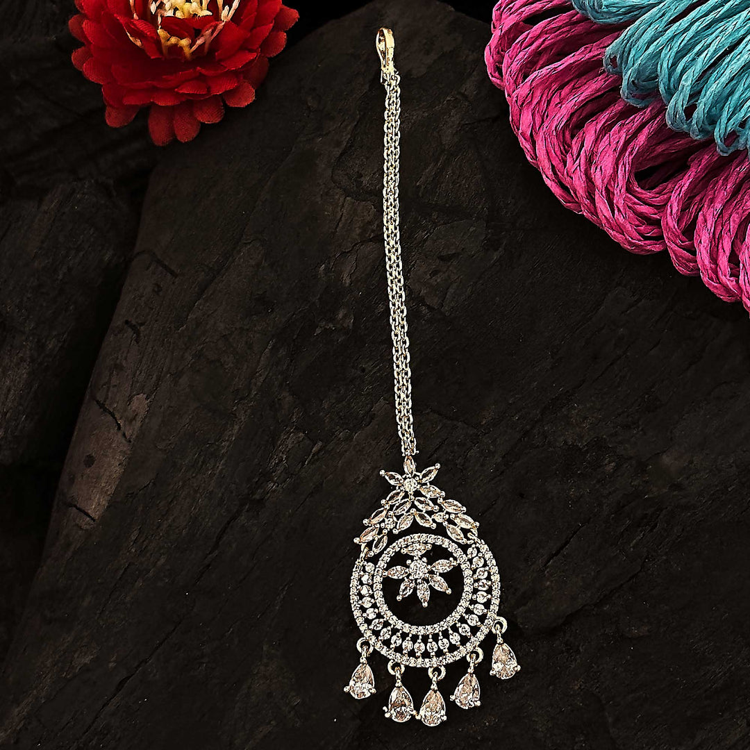 Rose Gold AD Stone Floral Maang Tikka for Women