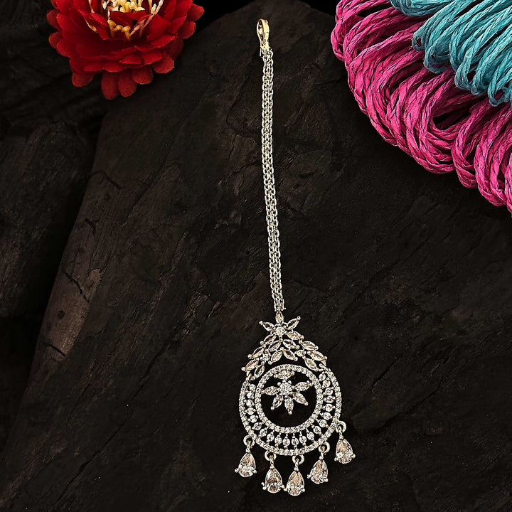 Rose Gold Plated Floral Motif Maang Tikka with American Diamond Stones | Sasitrends