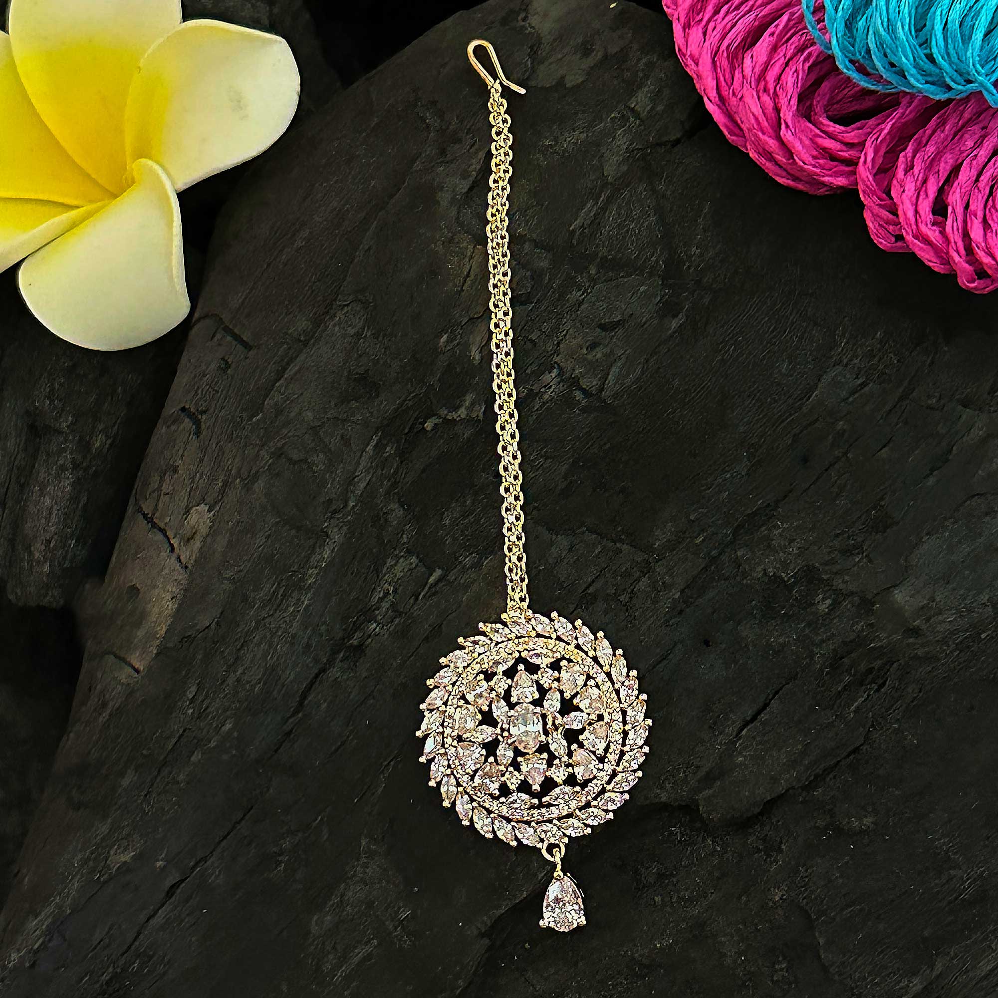 Elegant Rose Gold Floral Maang Tikka with American Diamonds