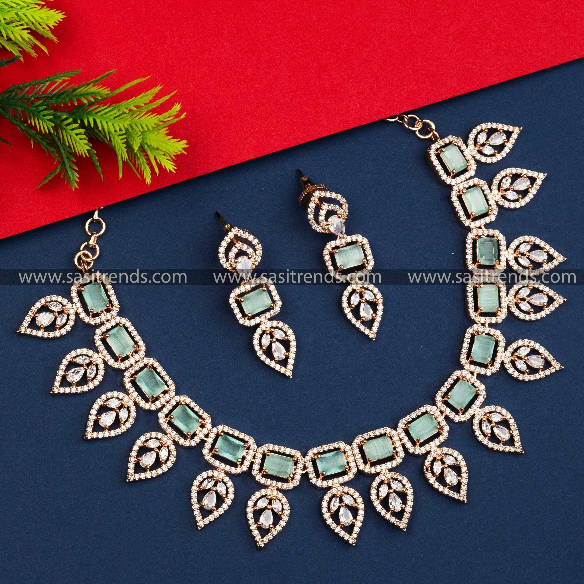 Captivating Rose Gold-Plated Leaf Pattern Necklace Set with Mint Color American Diamonds