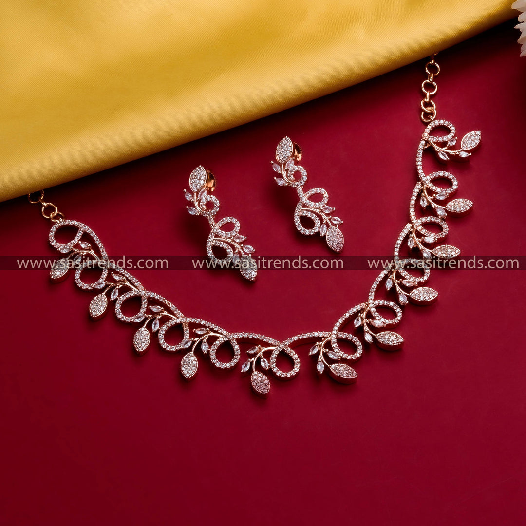 Floral Leaf Rose Gold Plated Necklace Set with American Diamond Stones and Matching Earrings