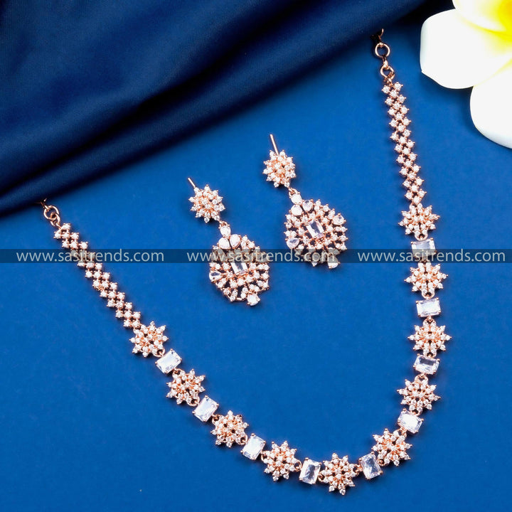 Rose Gold Plated AD Floral Necklace Set with Earrings