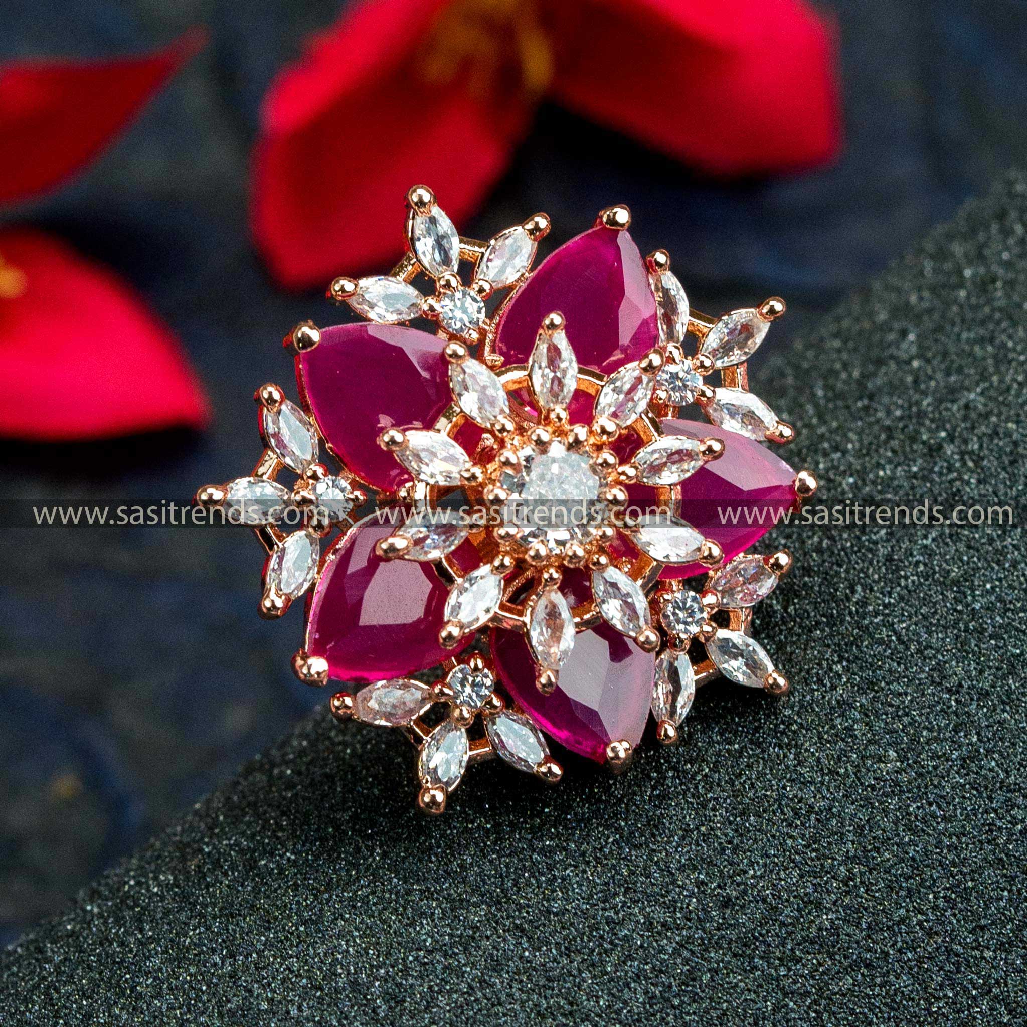 Radiant Rose Gold Plated Floral Ring with American Diamonds in Rich Ruby - Elevate Your Look with Trendy Party Wear