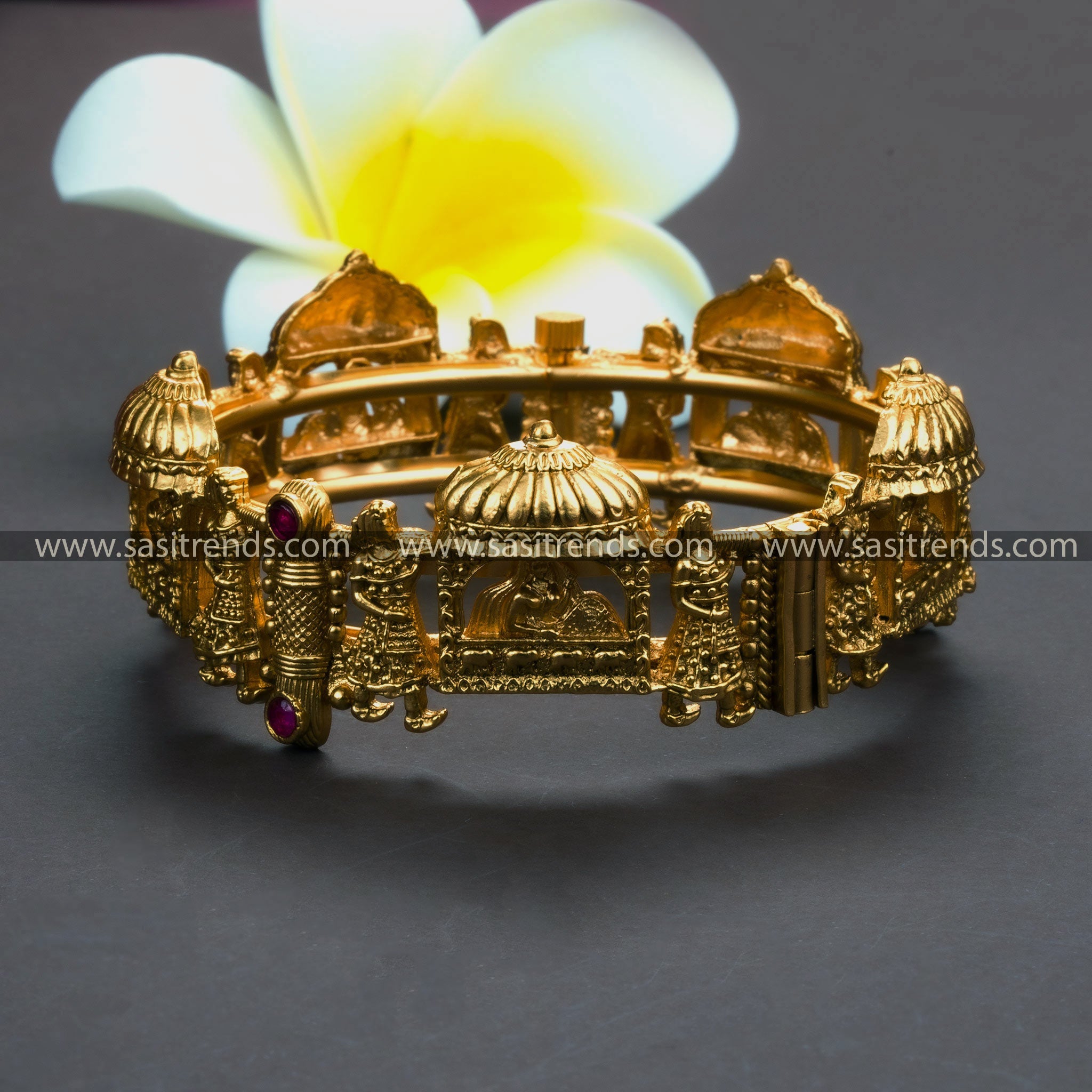 Bridal Meenakari Kada Bangle with Ruby Stones - Antique Gold Finish